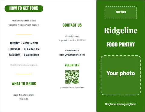 Brochure template, food pantry, nonprofit, reading "HOW TO GET FOOD", "Ridgeline" and "FOOD PANTRY", in green and white, with a space for your logo and a QR code