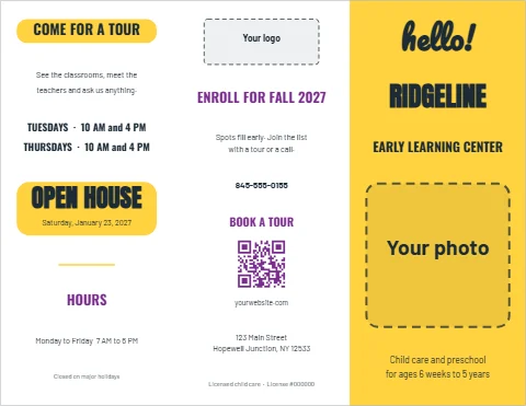 Brochure template, preschool and child care, reading "hello!", "RIDGELINE" and "OPEN HOUSE", in yellow and white, with a space for your logo and a QR code