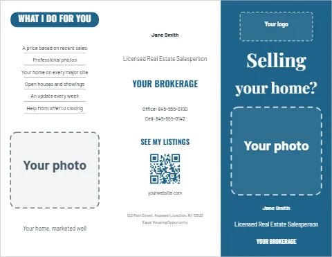 Brochure template, seller's guide, agent, reading "Selling", "YOUR BROKERAGE" and "your home?", in steel blue and white, with a space for your logo and a QR code