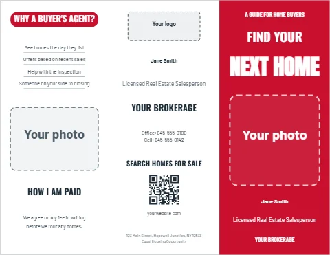 Brochure template, home buyer's guide, agent, reading "FIND YOUR", "NEXT HOME" and "HOW I AM PAID", in red and white, with a space for your logo and a QR code
