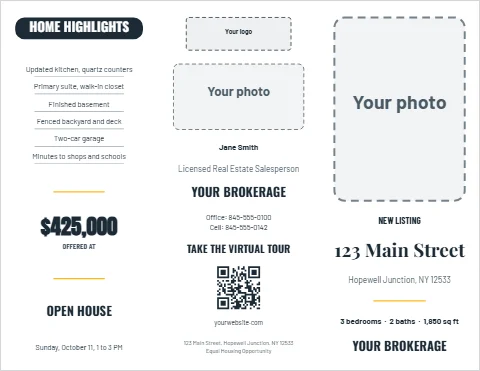 Brochure template, home for sale, listing, reading "HOME HIGHLIGHTS", "$425,000" and "123 Main Street", in white, with a space for your logo and a QR code