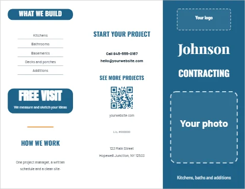 Brochure template, remodeling portfolio, reading "Johnson", "CONTRACTING" and "FREE VISIT", in steel blue and white, with a space for your logo and a QR code