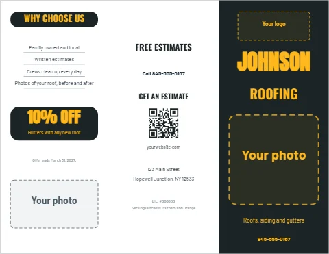 Brochure template, roofing contractor, reading "JOHNSON", "ROOFING" and "10% OFF", in charcoal and white, with a space for your logo and a QR code