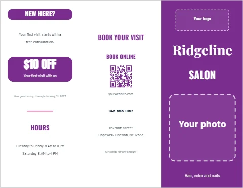 Brochure template, salon price list, reading "Ridgeline", "$10 OFF" and "SALON", in purple and white, with a space for your logo and a QR code