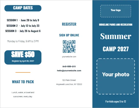 Brochure template, summer camp program, reading "Summer", "CAMP 2027" and "SAVE $50", in steel blue and white, with a space for your logo and a QR code