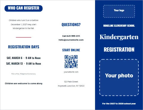 Brochure template, kindergarten registration, reading "WHO CAN REGISTER", "Kindergarten" and "REGISTRATION", in blue and white, with a space for your logo and a QR code