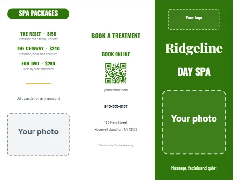 Brochure template, day spa menu, reading "SPA PACKAGES", "Ridgeline" and "DAY SPA", in green and white, with a space for your logo and a QR code