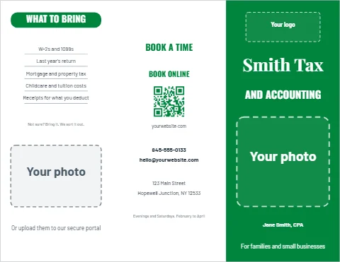 Brochure template, tax and accounting, reading "WHAT TO BRING", "Smith Tax" and "AND ACCOUNTING", in green and white, with a space for your logo and a QR code