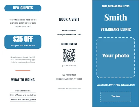 Brochure template, veterinary practice, reading "NEW CLIENTS", "Smith" and "$25 OFF", in blue and white, with a space for your logo and a QR code