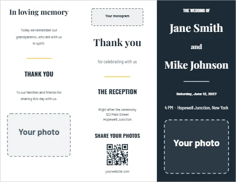 Brochure template, wedding ceremony program, reading "Jane Smith", "Thank you" and "Mike Johnson", in navy and white, with a space for your logo and a QR code
