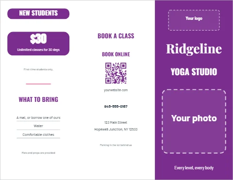 Brochure template, yoga studio, reading "$30", "Ridgeline" and "YOGA STUDIO", in purple and white, with a space for your logo and a QR code