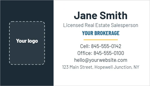 Business card template, side panel with logo, reading "Jane Smith", "YOUR BROKERAGE" and "Cell: 845-555-0142", in navy and white, with a space for your logo