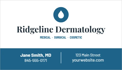 Business card template, dermatology, reading "Ridgeline Dermatology", "Jane Smith, MD" and "yourwebsite.com", in steel blue and white
