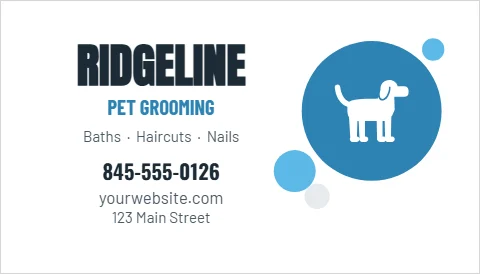 Business card template, pet grooming, bubbles, reading "RIDGELINE", "PET GROOMING" and "845-555-0126", in blue and white