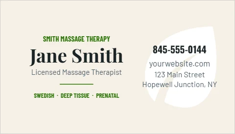 Business card template, massage therapist, leaf, reading "845-555-0144", "Jane Smith" and "yourwebsite.com", in cream
