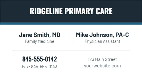 Business card template, primary care office, reading "RIDGELINE PRIMARY CARE", "Jane Smith, MD" and "845-555-0142", in navy and white
