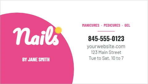Business card template, nail studio, pink script, reading "Nails", "845-555-0123" and "yourwebsite.com", in pink and white