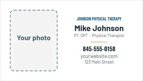 Business card template, physical therapy, photo, reading "Mike Johnson", "845-555-0158" and "yourwebsite.com", in white, with a space for your logo