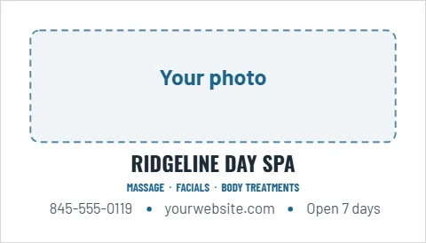 Business card template, day spa, photo, reading "RIDGELINE DAY SPA", "yourwebsite.com" and "845-555-0119", in white, with a space for your logo