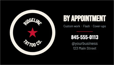 Business card template, tattoo studio emblem, reading "BY APPOINTMENT", "RIDGELINE" and "TATTOO CO.", in cream and black