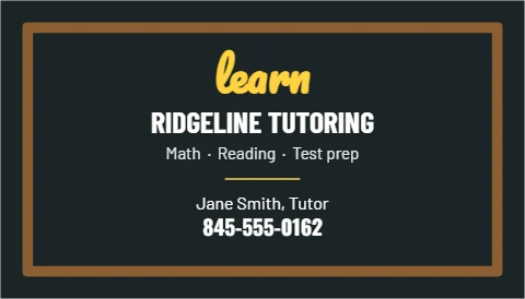 Business card template, tutor, chalkboard, reading "learn", "RIDGELINE TUTORING" and "845-555-0162", in charcoal