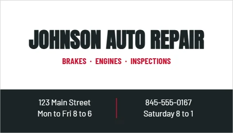 Business card template, auto repair, reading "JOHNSON AUTO REPAIR", "BRAKES · ENGINES · INSPECTIONS" and "123 Main Street", in charcoal and white