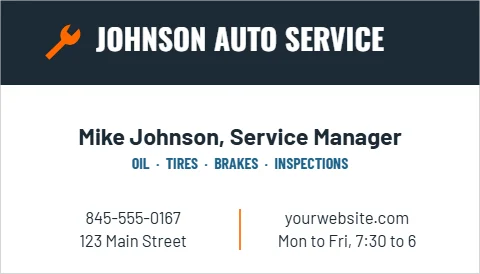 Business card template, auto service appointment, reading "JOHNSON AUTO SERVICE", "Mike Johnson, Service Manager" and "yourwebsite.com", in navy and white