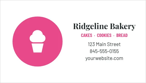Business card template, bakery, reading "Ridgeline Bakery", "123 Main Street" and "yourwebsite.com", in pink and white