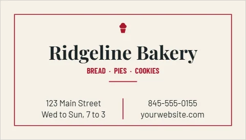 Business card template, bakery punch card, reading "Ridgeline Bakery", "123 Main Street" and "yourwebsite.com", in cream