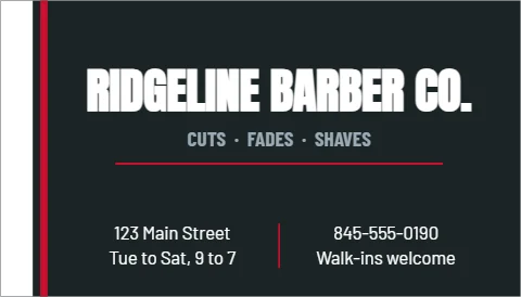 Business card template, barber shop, reading "RIDGELINE BARBER CO.", "CUTS · FADES · SHAVES" and "123 Main Street", in charcoal