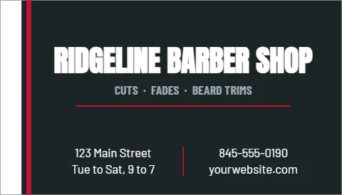Business card template, barber, next cut, reading "RIDGELINE BARBER SHOP", "CUTS · FADES · BEARD TRIMS" and "yourwebsite.com", in charcoal
