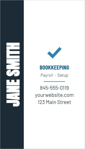 Business card template, bookkeeper, name up the side, reading "BOOKKEEPING", "JANE SMITH" and "yourwebsite.com", in navy and white