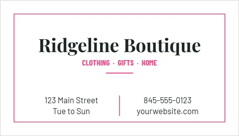 Business card template, boutique, reading "Ridgeline Boutique", "123 Main Street" and "yourwebsite.com", in white