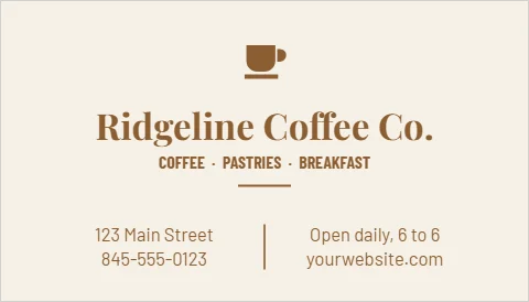 Business card template, coffee shop, reading "Ridgeline Coffee Co.", "123 Main Street" and "yourwebsite.com", in cream