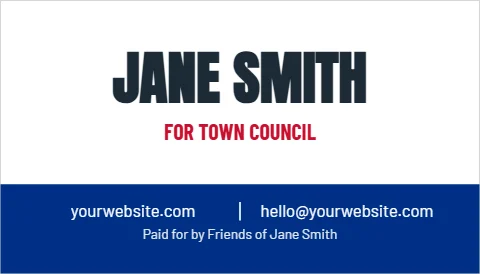 Business card template, candidate, reading "JANE SMITH", "FOR TOWN COUNCIL" and "yourwebsite.com", in blue and white