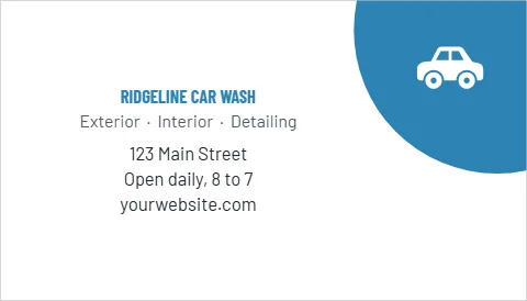 Business card template, car wash club, reading "RIDGELINE CAR WASH", "123 Main Street" and "yourwebsite.com", in blue and white