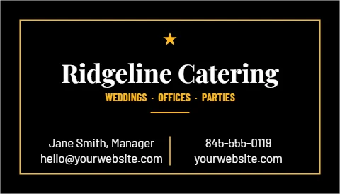 Business card template, catering, black and gold, reading "Ridgeline Catering", "Jane Smith, Manager" and "yourwebsite.com", in black