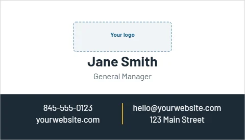 Business card template, centered over a bar, reading "Jane Smith", "hello@yourwebsite.com" and "yourwebsite.com", in navy and white, with a space for your logo