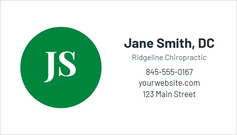 Business card template, chiropractor, reading "Jane Smith, DC", "JS" and "yourwebsite.com", in green and white