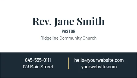 Business card template, pastor, reading "Rev. Jane Smith", "PASTOR" and "hello@yourwebsite.com", in navy and white