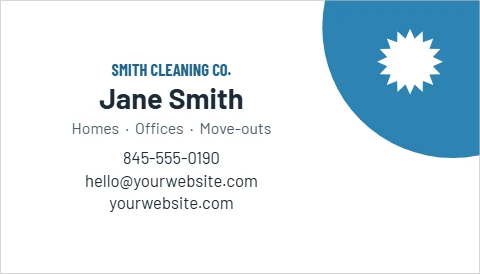 Business card template, cleaning service, reading "Jane Smith", "hello@yourwebsite.com" and "yourwebsite.com", in blue and white