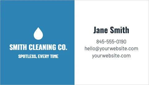 Business card template, cleaning, color block, reading "Jane Smith", "SMITH CLEANING CO." and "yourwebsite.com", in blue and white