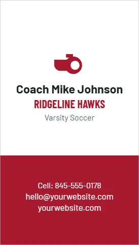 Business card template, coach, reading "Coach Mike Johnson", "RIDGELINE HAWKS" and "hello@yourwebsite.com", in maroon and white