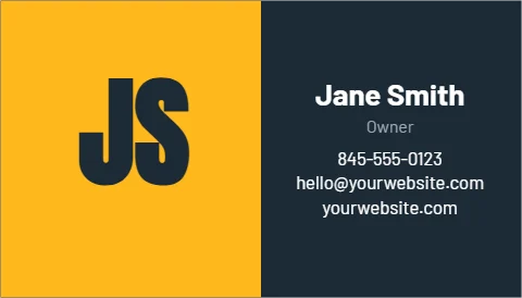 Business card template, bold color block, reading "Jane Smith", "JS" and "yourwebsite.com", in gold and navy