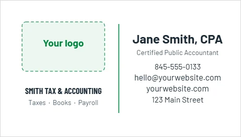 Business card template, accountant, reading "Jane Smith, CPA", "hello@yourwebsite.com" and "yourwebsite.com", in white, with a space for your logo