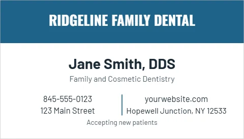 Business card template, dental office, reading "RIDGELINE FAMILY DENTAL", "Jane Smith, DDS" and "yourwebsite.com", in steel blue and white