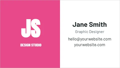 Business card template, graphic designer, reading "JS", "Jane Smith" and "yourwebsite.com", in pink and white