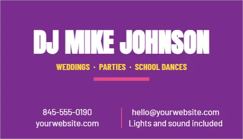 Business card template, DJ, reading "DJ MIKE JOHNSON", "WEDDINGS · PARTIES · SCHOOL DANCES" and "hello@yourwebsite.com", in purple