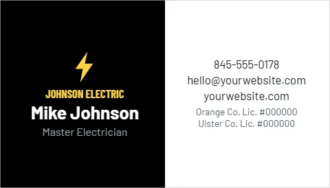 Business card template, electrician, black and yellow, reading "JOHNSON ELECTRIC", "yourwebsite.com" and "Mike Johnson", in black and white