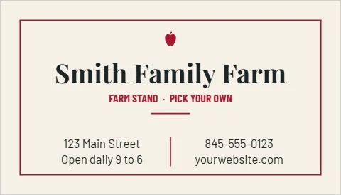 Business card template, family farm, reading "Smith Family Farm", "123 Main Street" and "yourwebsite.com", in cream